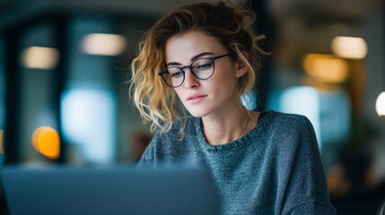 Woman Working Late at Computer in Modern Office