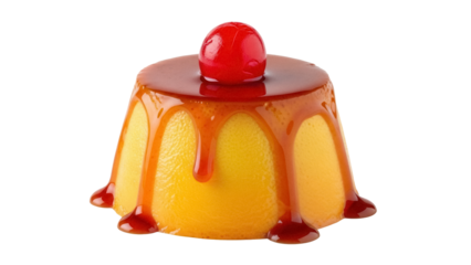 Delicious flan dessert with caramel and cherry isolated PNG, sweet custard pudding with topping on transparent background