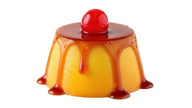 Delicious flan dessert with caramel and cherry isolated PNG, sweet custard pudding with topping on transparent background