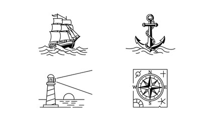 Set of Nautical Icons Sailboat, Anchor, Lighthouse, and Compass for Maritime Concepts