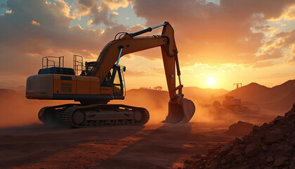 Powerful excavator works at sunset on a construction site. Large industrial machine moving dirt in dusty environment. Earthmoving equipment doing its job in the evening during gold hour.