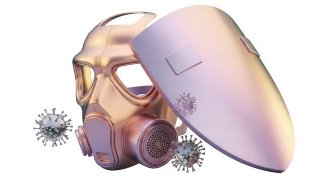 Rose gold gas mask with shield and viruses PNG isolated on transparent background, protection against pandemic and biological warfare concept