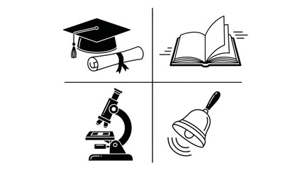 A comprehensive set of educational and scientific symbols illustrating the path of learning, from classroom studies and scientific exploration to academic achievement and graduation