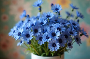 Blue daisy-like flowers in white vase, soft floral wallpaper background. Delicate petals open wide, vibrant blue centers contrast, fresh natural beauty.
