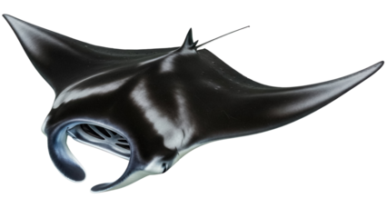 Graceful manta ray PNG isolated on transparent background, majestic marine creature with distinctive wing-like fins for ocean life designs
