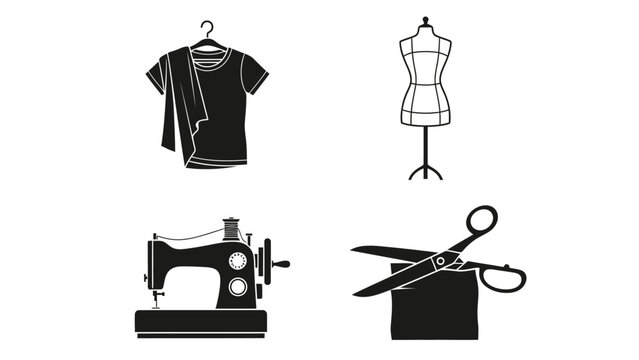 Collection of monochrome flat design icons illustrating essential tools and elements for fashion, tailoring, and garment creation, perfect for craft and design projects