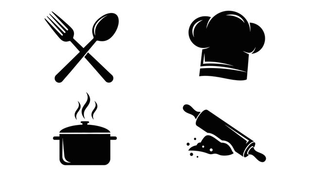 Vector illustration of essential kitchen and restaurant symbols, including a chef's hat, pot, and utensils for cooking and baking concepts - Powered by Adobe