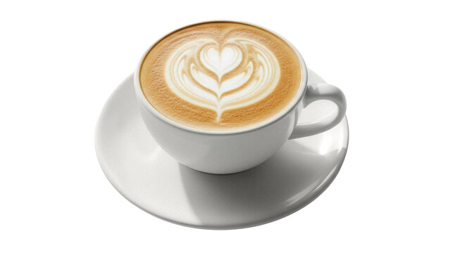 Latte art in a white cup isolated on transparent background PNG, coffee drink with heart design for cafe menu and beverage concepts