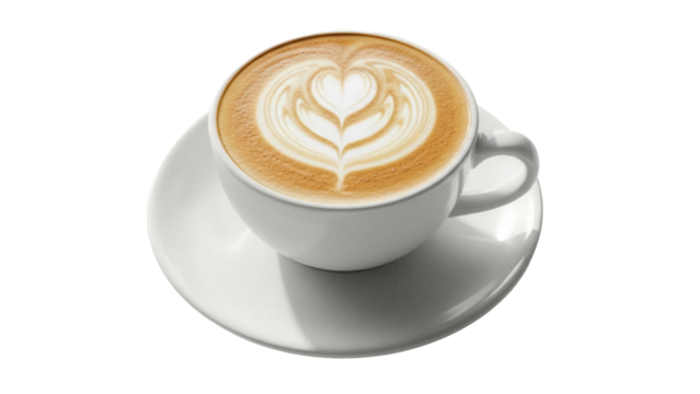 Latte art in a white cup isolated on transparent background PNG, coffee drink with heart design for cafe menu and beverage concepts - Powered by Adobe