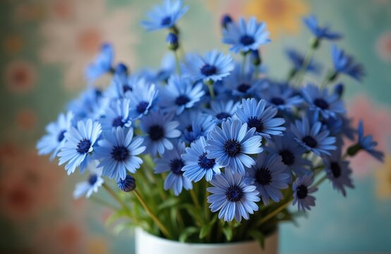 Blue daisy-like flowers in white vase, soft floral wallpaper background. Delicate petals open wide, vibrant blue centers contrast, fresh natural beauty. - Powered by Adobe