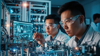 Two scientists work on lab machinery surrounded by screens and equipment at night - Powered by Adobe