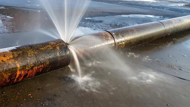 破裂した水道管から高く水が噴き出す凍結による被害現場