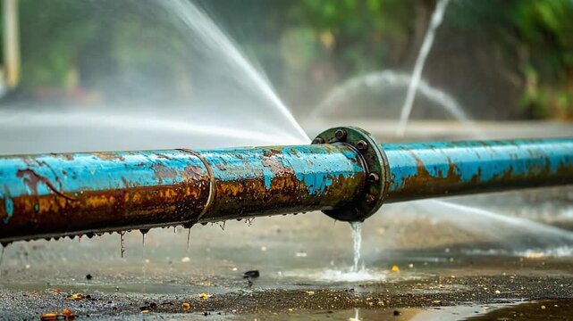 凍結した青い水道管が破裂して噴水のように水があふれる