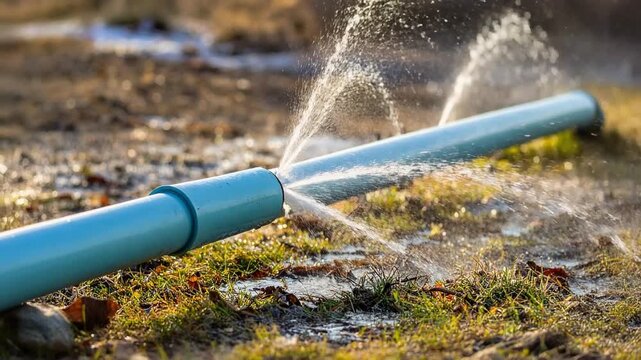 地表を走る水道管が凍結で破裂し勢いよく水が噴き上がる瞬間
