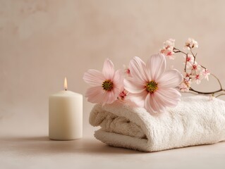 Spa towel with flowers and candle