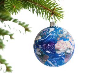 Earth shaped christmas ornament hanging on a tree isolated on transparent background