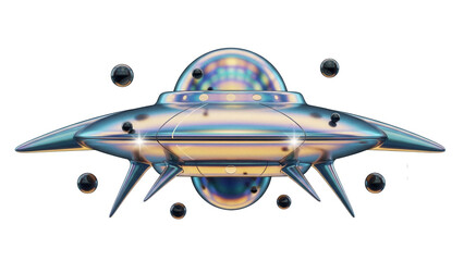 Futuristic iridescent UFO PNG isolated on transparent background, alien spaceship with metallic reflections for science fiction concepts