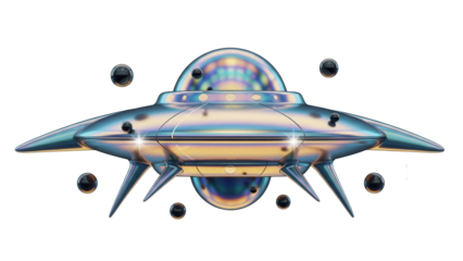Futuristic iridescent UFO PNG isolated on transparent background, alien spaceship with metallic reflections for science fiction concepts
