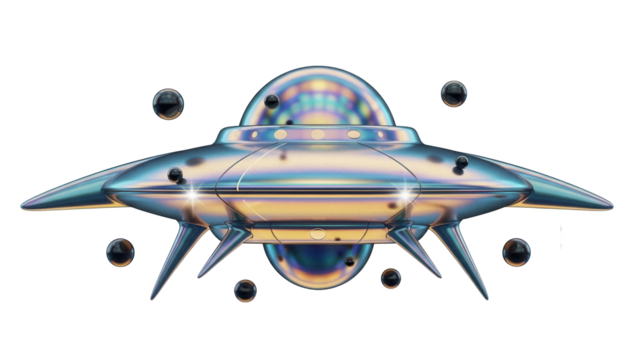 Futuristic iridescent UFO PNG isolated on transparent background, alien spaceship with metallic reflections for science fiction concepts