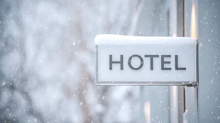 A winter hotel with a snow-covered sign, it embodies winter's tranquility. Snowflakes fall gently, creating a serene, inviting scene for a peaceful retreat in a cozy, snowy wonderland.
