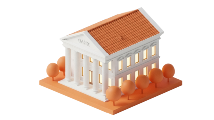 Orange bank building PNG isolated on transparent background, financial institution with columns and roof tiles for business and investment