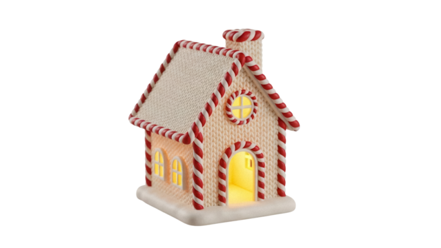 Festive gingerbread house isolated PNG, Christmas decoration with candy cane trim and glowing windows for holiday design projects