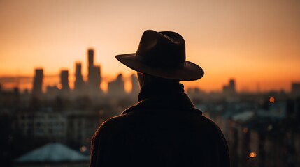 Silhouette of a person wearing a fedora hat gazing at a city skyline at sunset