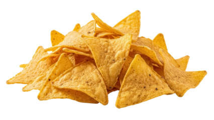 Pile of golden yellow corn tortilla chips isolated PNG, crunchy snack for dipping and parties on transparent background