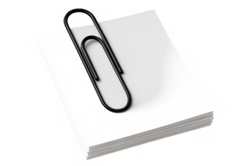 Black paper clip fastening a blank white notepaper with masking tape, clear background for office supplies concept