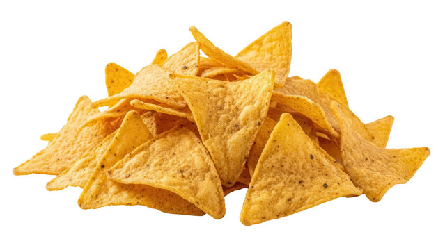 Pile of golden yellow corn tortilla chips isolated PNG, crunchy snack for dipping and parties on transparent background