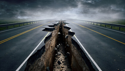 Great Chasm Opens on Asphalt Road Under Ominous Stormy Sky Creating Disaster and Destruction Scene
