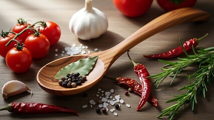 Fresh culinary ingredients on wooden surface with wooden spoon and vibrant colors perfect for cooking themed designs and recipe illustrations
