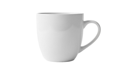 Simple white ceramic mug isolated PNG on transparent background, blank coffee cup for hot drinks and branding mockups