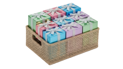 Pastel gift boxes with silver ribbons in woven basket isolated PNG, colorful presents for birthdays and holidays on transparent background