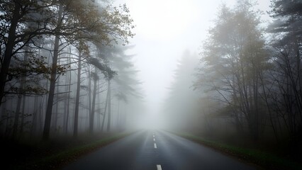 Obraz premium Misty Road Through Ethereal Forest, A Hauntingly Beautiful Drive Into the Unknown