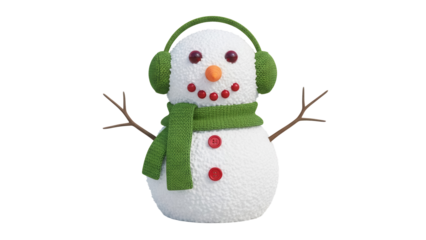 Festive snowman with green scarf and earmuffs isolated PNG, winter holiday decoration for Christmas and New Year designs
