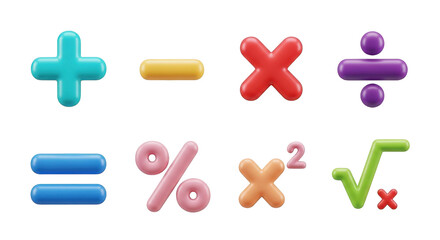 Colorful 3D Math Symbols Plus Minus Multiply Divide Equals isolated on a transparent background