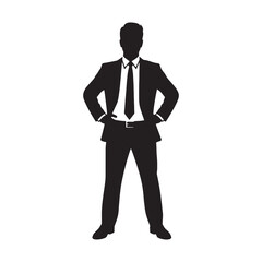 Black silhouette of a man in a suit with hands on hips white background