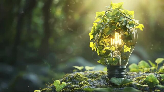 A glowing incandescent lightbulb wrapped in green ivy sits on a mossy rock in a sunlit forest
