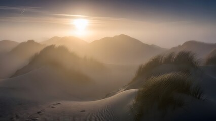 Sand Dunes in Ethereal Light, Whispers of the Wind in a Misty Sandscape