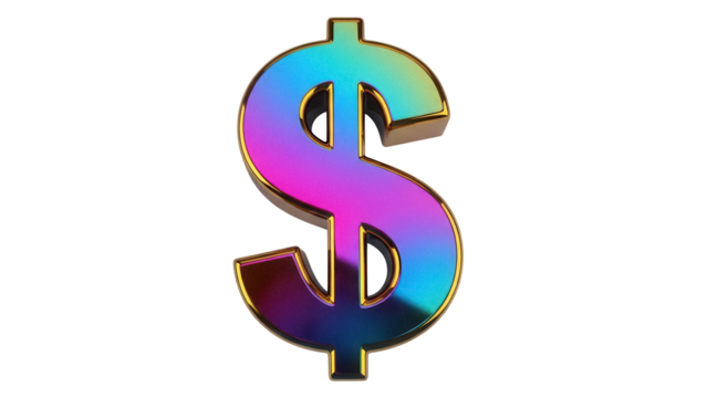 Iridescent dollar sign isolated PNG on transparent background, colorful currency symbol for finance and investment concepts