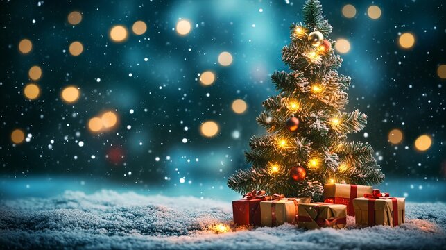 Captivating Christmas tree adorned with warm lights, surrounded by festive gifts under a gentle snowfall, creating magical holiday enchantment.
