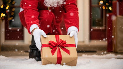 Santa placing a neatly wrapped present with a red ribbon on a snowy porch, captured in warm festive light with soft falling snow and a cozy holiday atmosphere