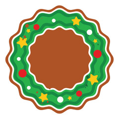 Illustration of a christmas wreath with green leaves stars and red and white ornaments on brown background vector