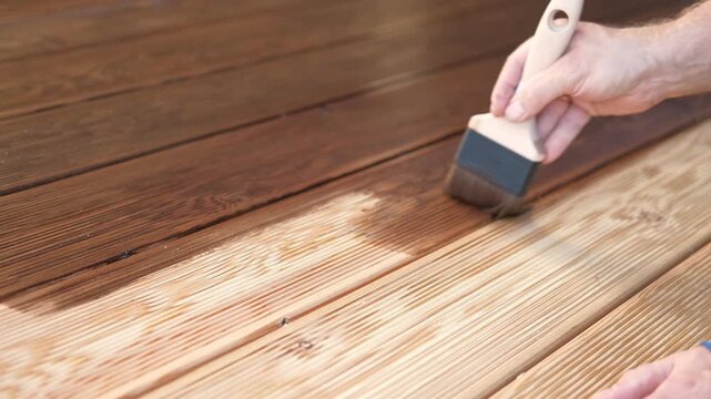 Brown oil for protection of wood by staining. Painting a larch for protecting and pests. Woodworker applying finish to terrace deck board. Repairman varnishing with brush wooden plank floor surface.