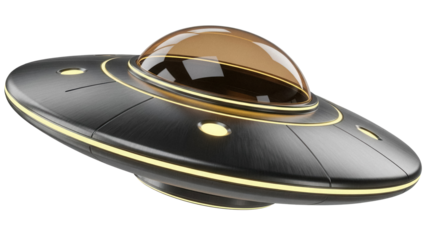 Sleek metallic UFO PNG isolated on transparent background, futuristic flying saucer with glowing lights for sci-fi concepts