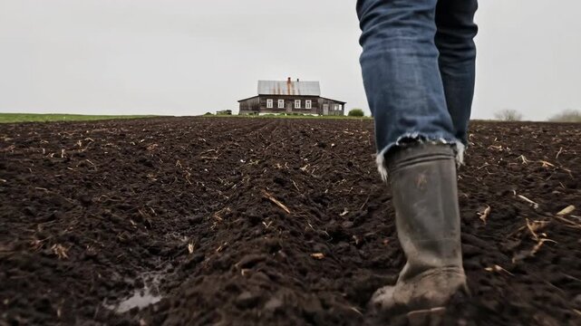 A person in work boots walks across a freshly plowed, muddy field towards a distant farmhouse under an overcast sky.