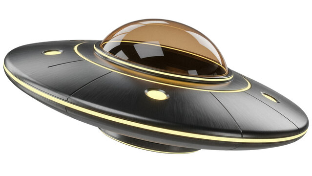 Sleek metallic UFO PNG isolated on transparent background, futuristic flying saucer with glowing lights for sci-fi concepts