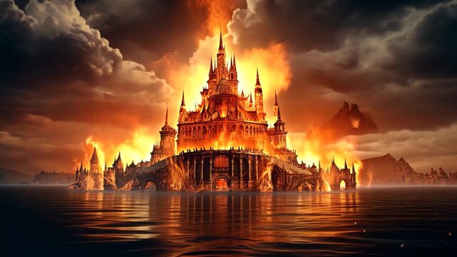 Burning gothic castle in dramatic city fire
