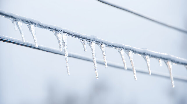 Frozen power lines glisten with icicles after an ice storm. The icy coating causes them to droop, showcasing nature's beauty in a stark winter scene. Dangerous, yes, but pretty too.